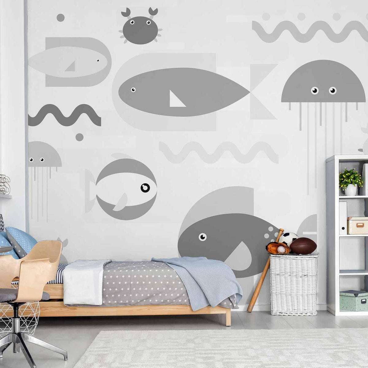 Fototapete Minimalistischer Grauer Ozean – Geometrische Fische für Kinderzimmer