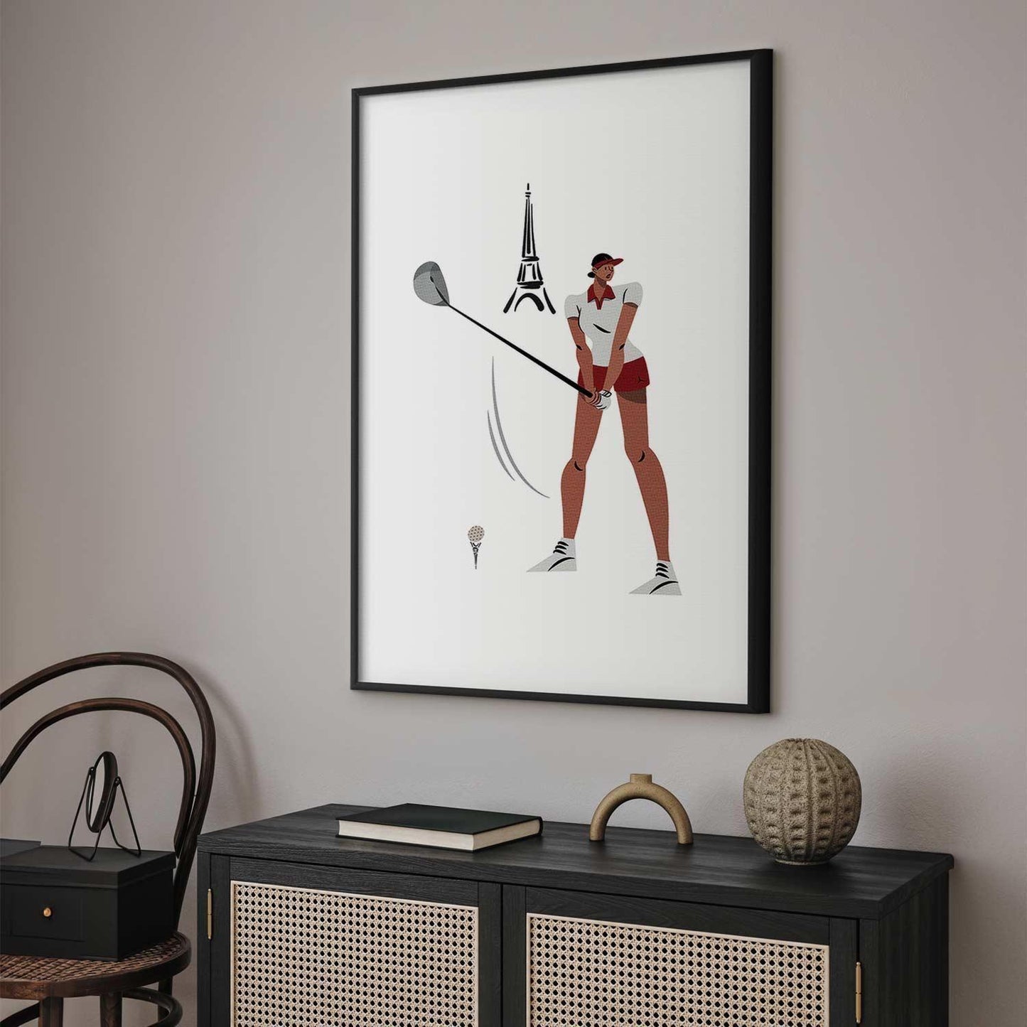 Poster - Illustration of a Female Golfer with the Eiffel Tower in the Background