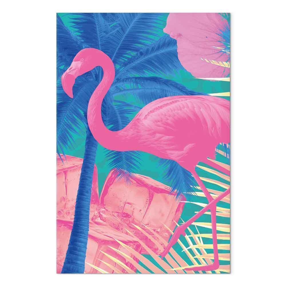 Leinwandbild - Pink Flamingo - Abstract Flamingo Against Palms and Ice Cubes