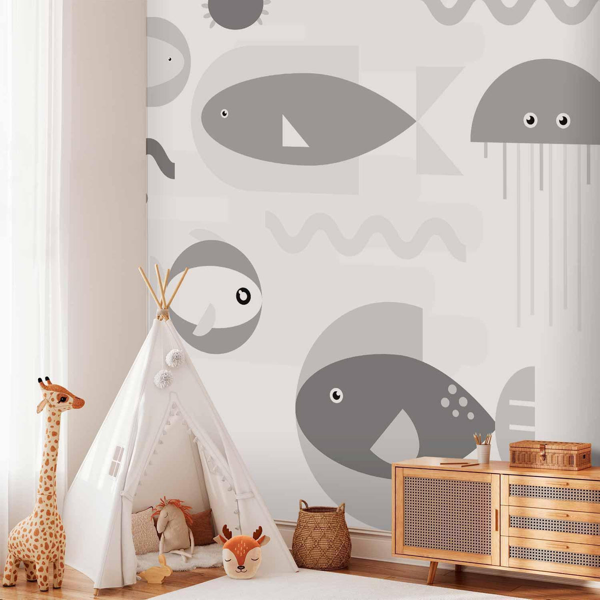Fototapete Minimalistischer Grauer Ozean – Geometrische Fische für Kinderzimmer