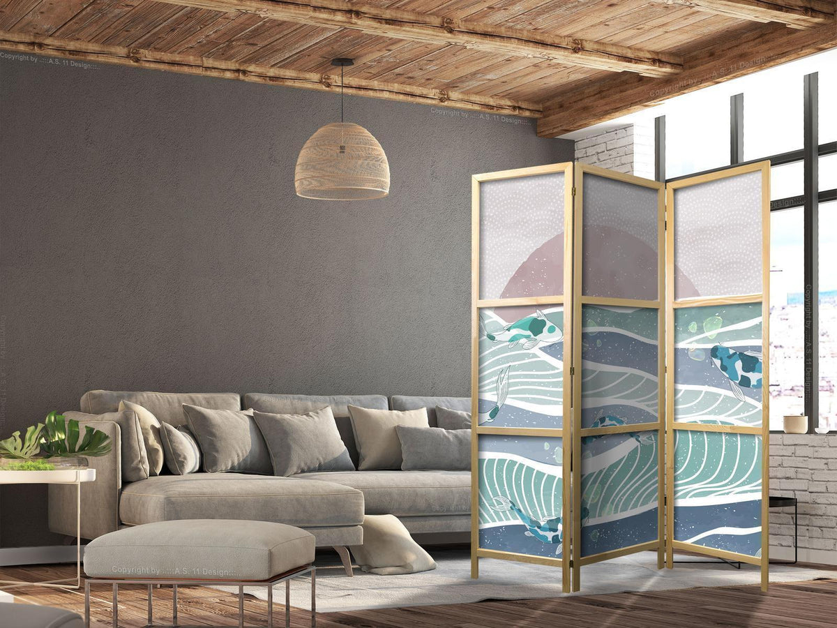 Japanischer Paravent - Koi Fish Among Waves - Japanese Fish Amidst Waves in Shades of Turquoise and White