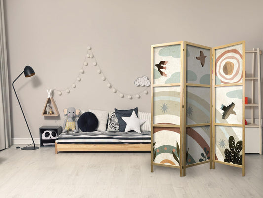 Japanischer Paravent - Sun Above the Rainbow - Birds in Subdued Colors Flying Among Clouds Above a Rainbow and Vegetation on a Light Beige Background