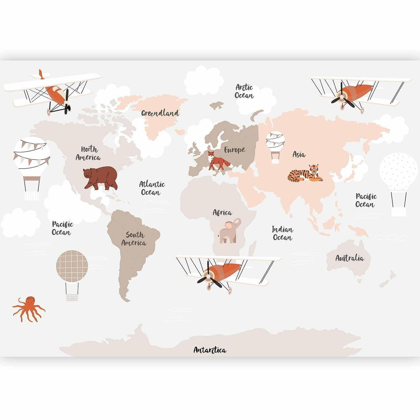 Fototapete - Map in Shades of Beige - Continents With Animals Artgeist