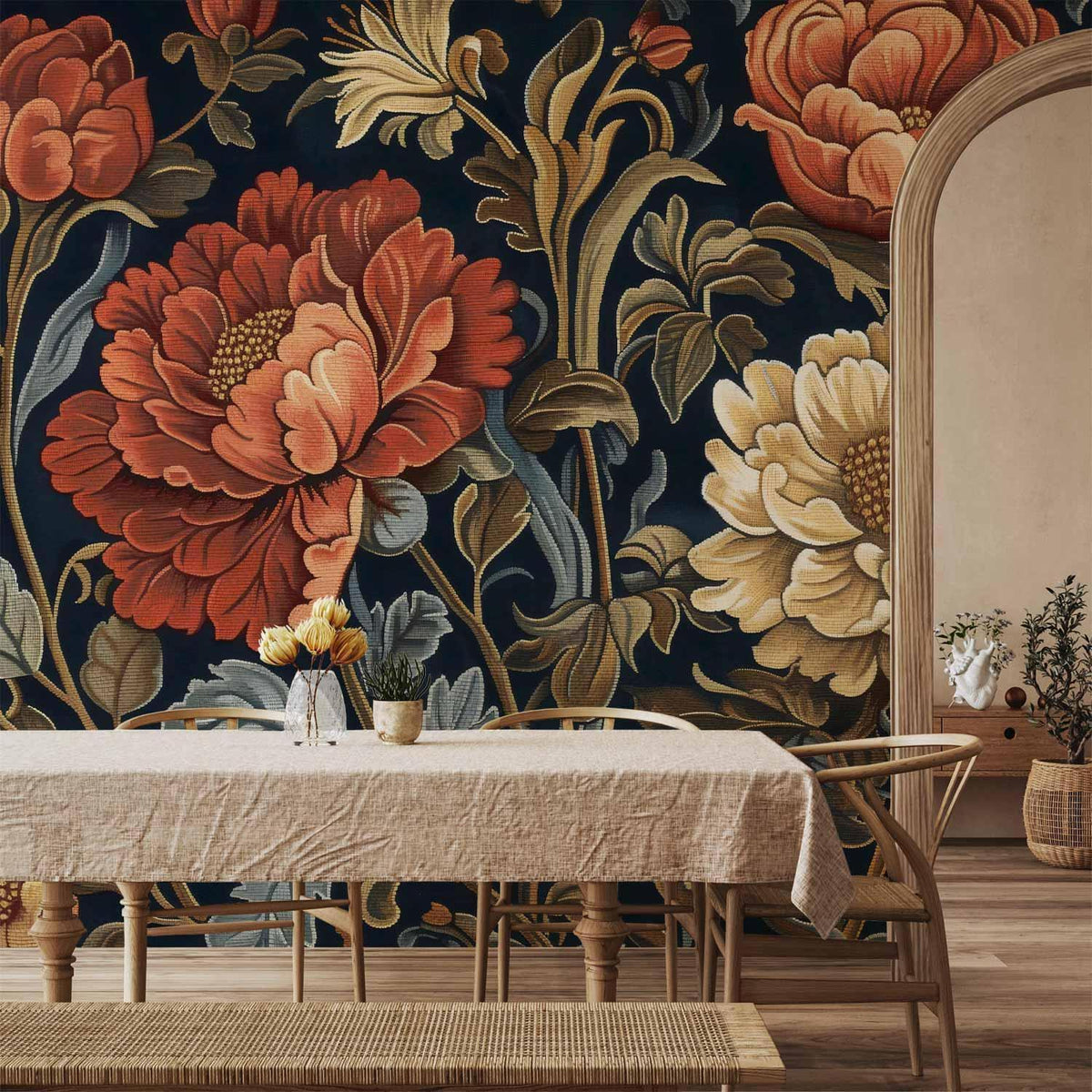 Fototapete - Tapestry Large Flowers Retro Floral Motif in Kilim Style