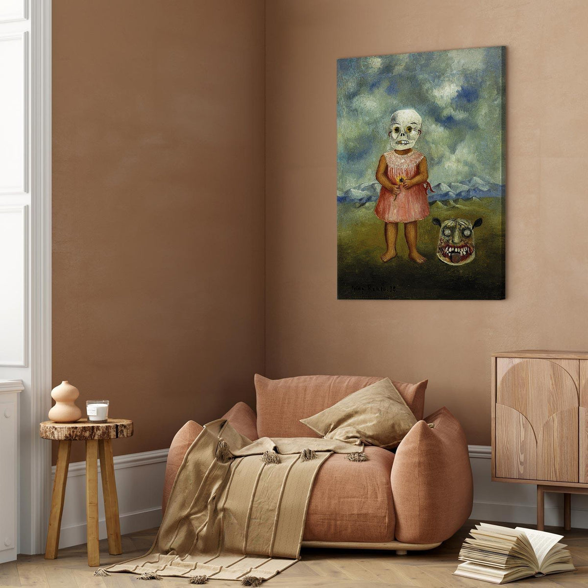 Leinwandbild - Frida Kahlo – Girl with Death Mask (She Plays Alone)