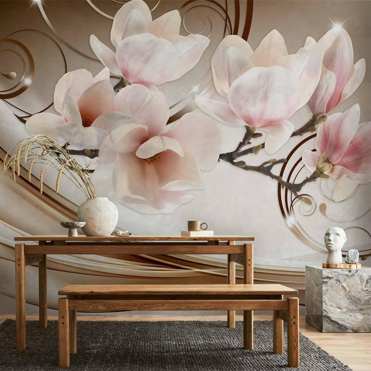 Fototapete Magnolienwellen – Fließende Magnolienblüten in sanften Tönen