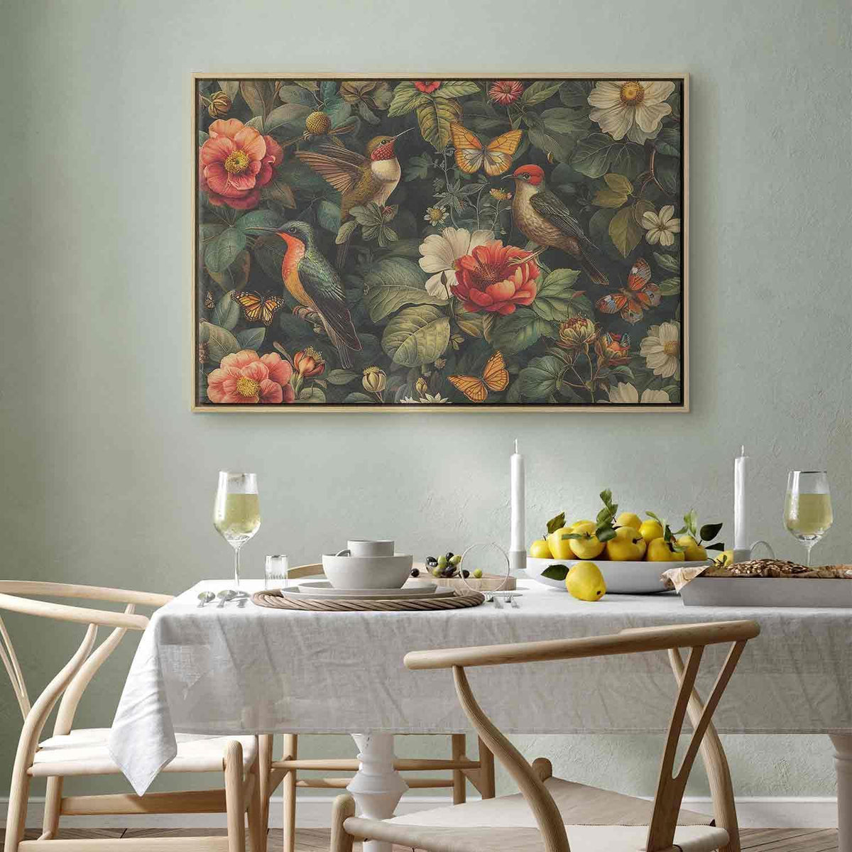 Leinwandbild - Flowers, birds and butterflies – vintage-style illustration