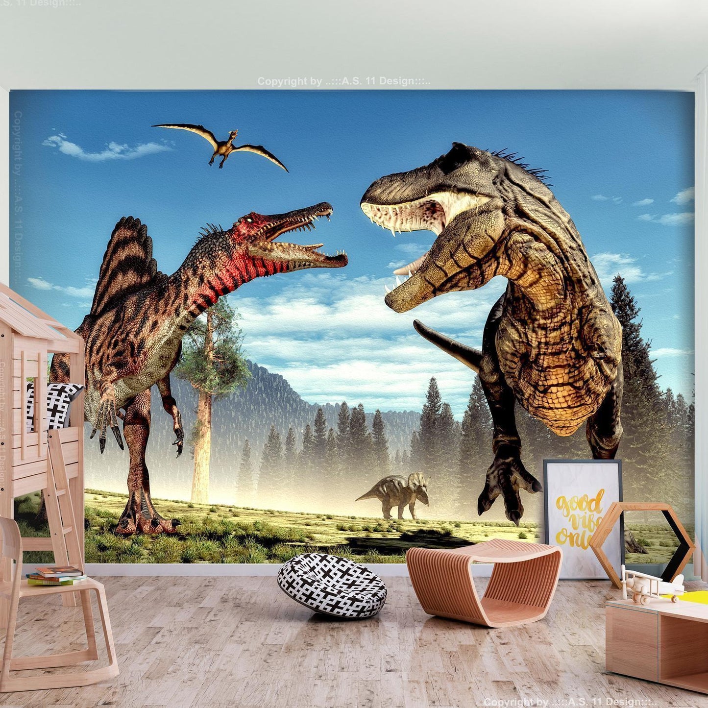 Fototapete mit kämpfenden Dinosauriern in Aktion