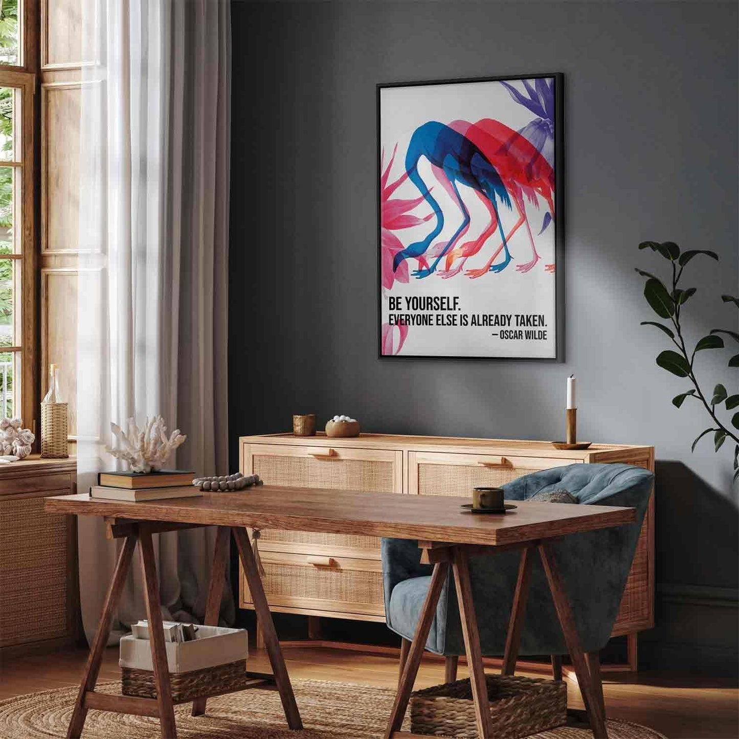 Leinwandbild - Colorful Flamingos - Inspirational Quote with Colorful Bird Silhouettes Artgeist