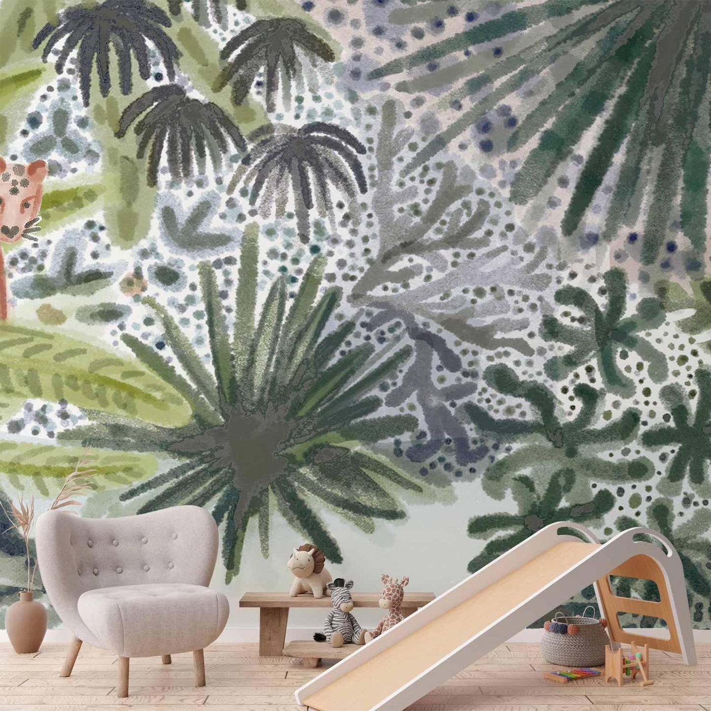 Fototapete - Flora von Madagaskar - Tropische Landschaft mit exotischen Aquarell-Tieren