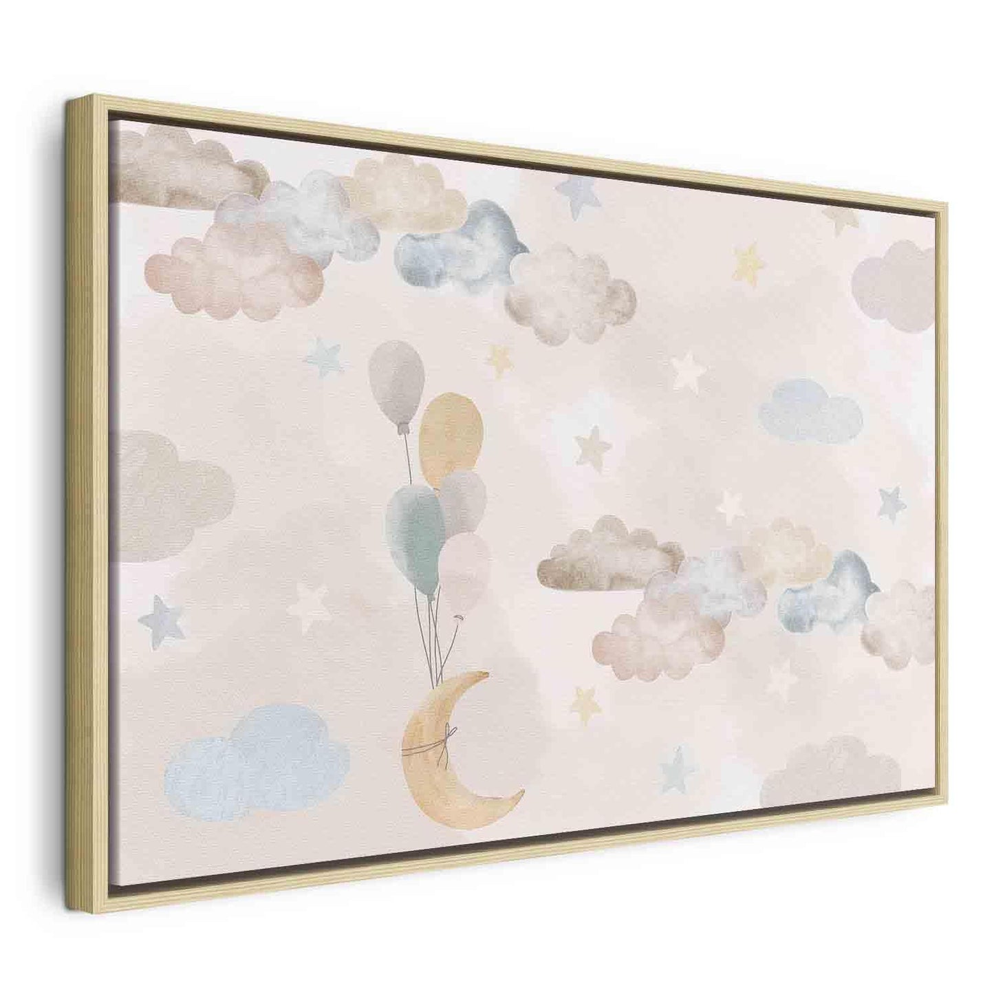 Leinwandbild - Fairy-Tale Moon - Pastel Moon with Balloons Among Colorful Clouds and Stars in Subdued Colors on a Light Background Artgeist