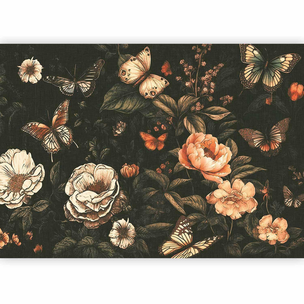 Fototapete Dunkle Pfingstrosen – Schmetterlinge und Blüten im Dutch-Masters-Stil