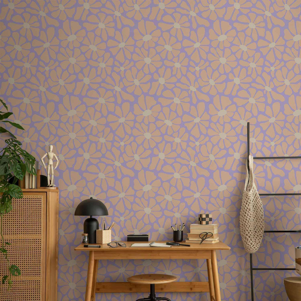 Tapete - Cute Light-Beige Little Flowers - Small flowers with beige - undulating petals on a blue background