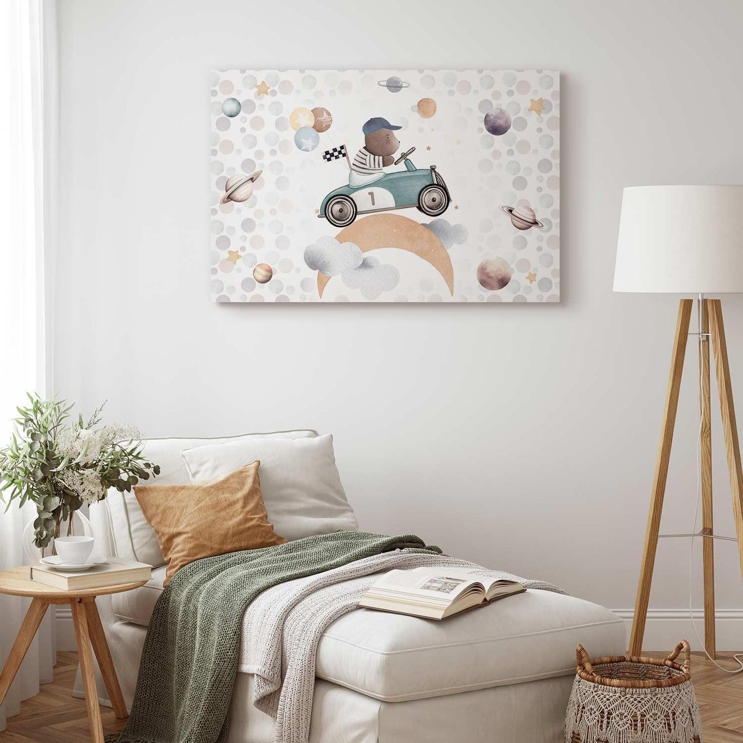 Leinwandbild - Galactic Races - A Bear Participating in Car Races Among Planets Clouds and Stars in Pastel Hues Artgeist
