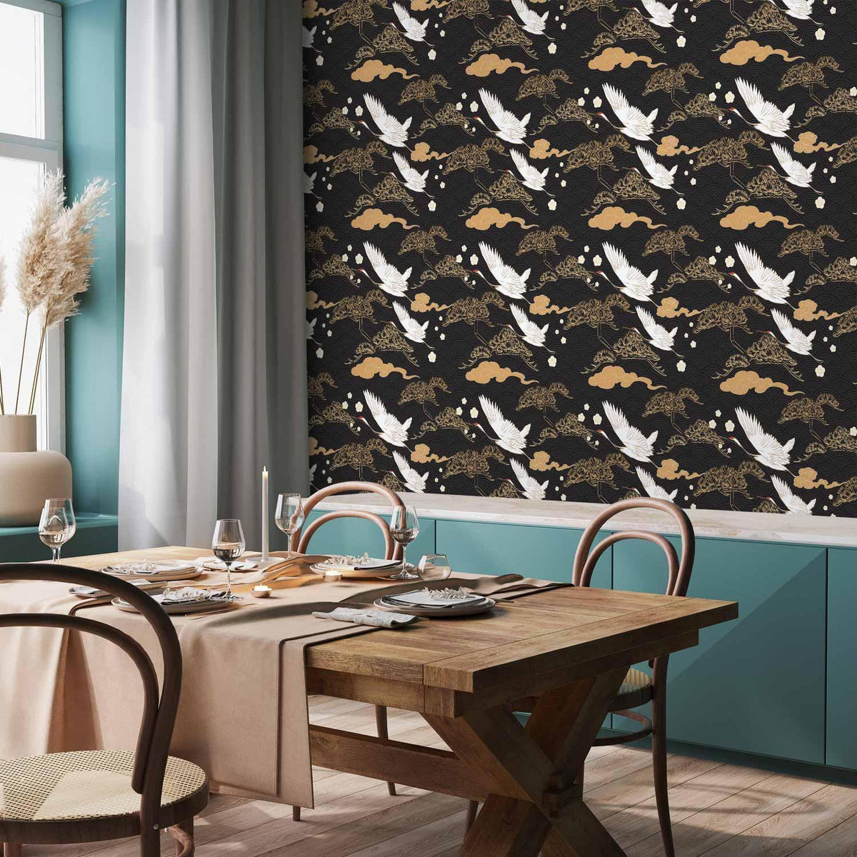 Tapete - Oriental impressions - decorative pattern with a motif of flying cranes on a dark background