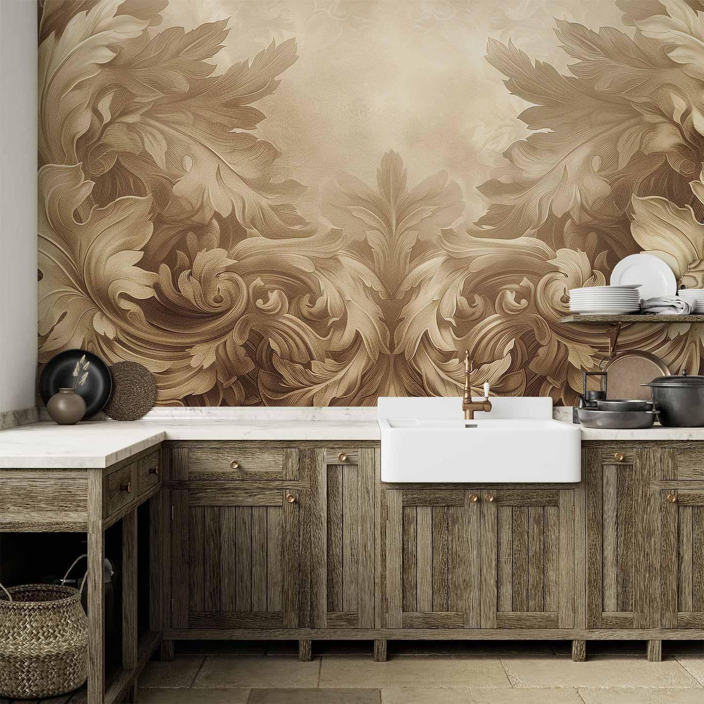 Fototapete - Carved Baroque Ornaments: Rich Composition in Sepia Colors Artgeist