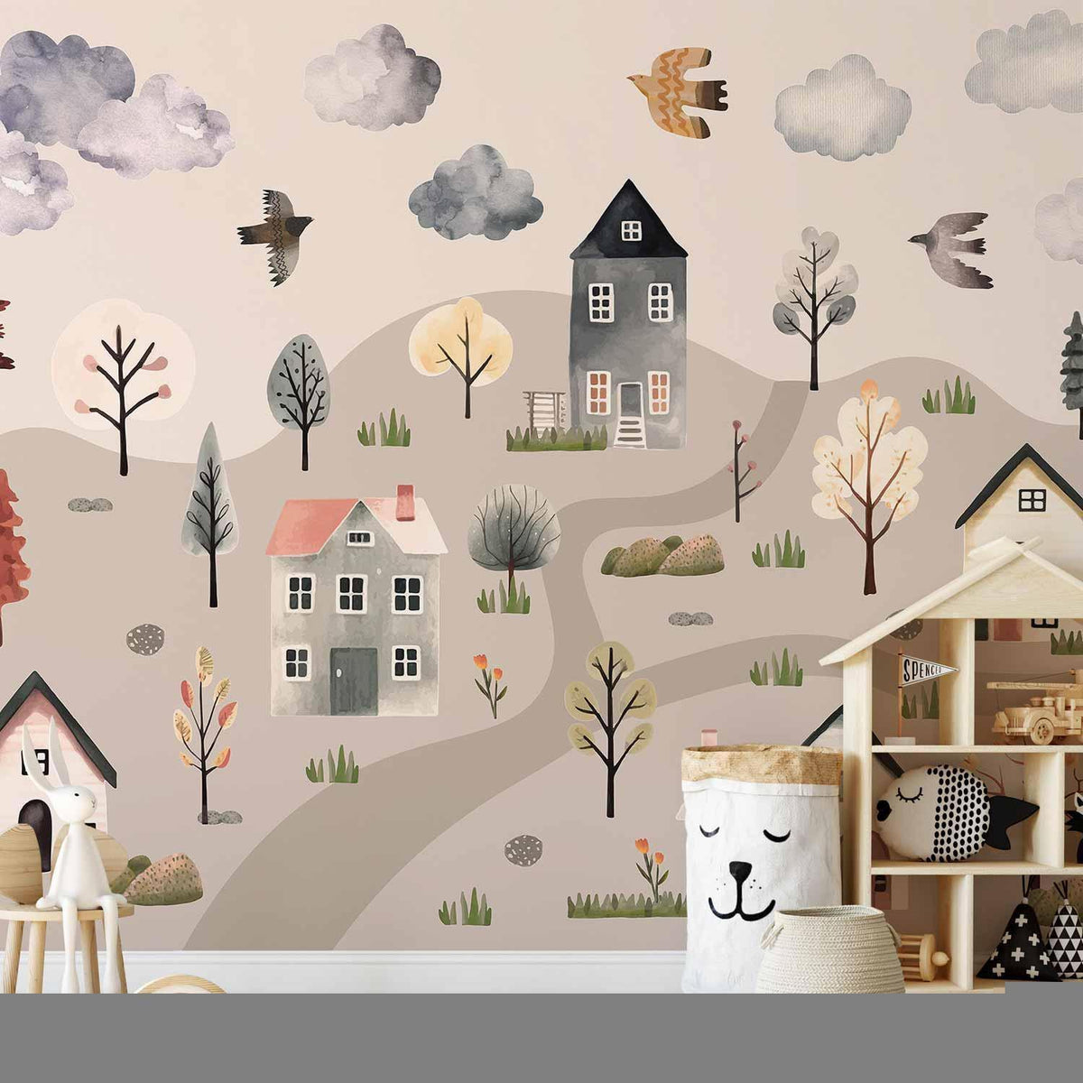 Skandinavisches Bergdorf Aquarell – Pastell Fototapete für Kinderzimmer