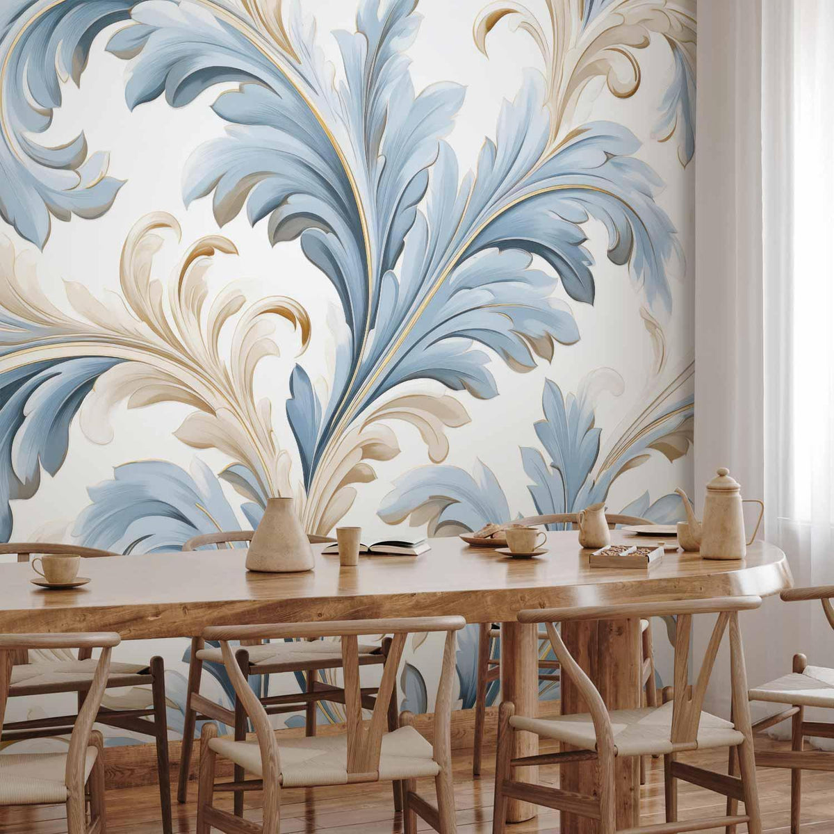 Fototapete - Baroque Ornaments in Light Cream-Blue Hues