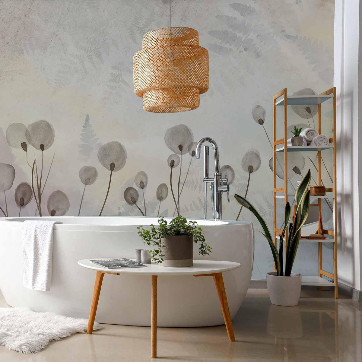 Fototapete - Minimalist meadow - floral motif in light shades with reflections