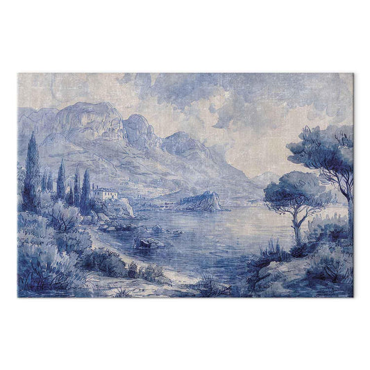 Leinwandbild - Blue Bay - Italian landscape of Lake Como painted with blue ink