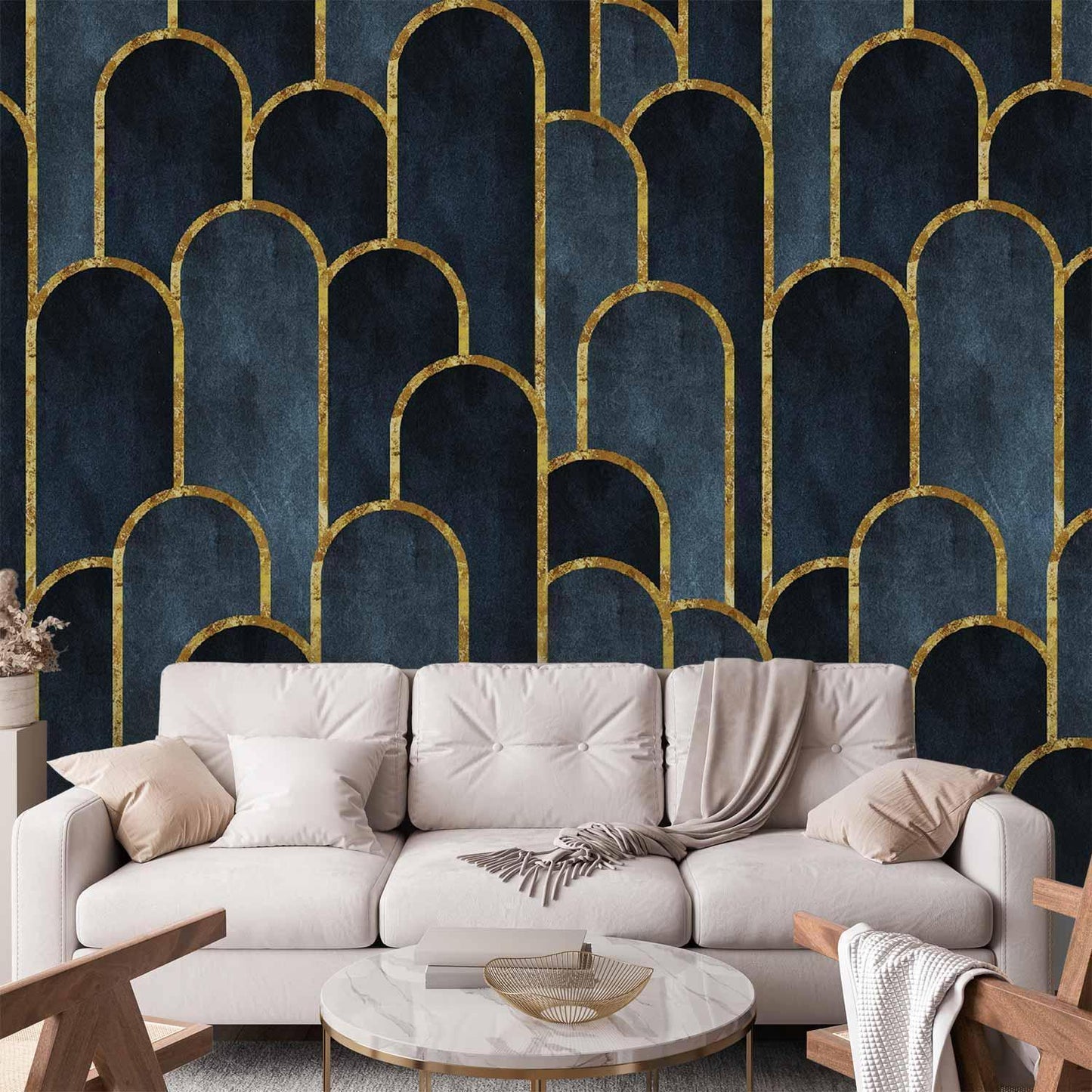 Fototapete Gold Navy Blau Muster im Wohnzimmer - Luxuriöse Art Deco Akzentwand