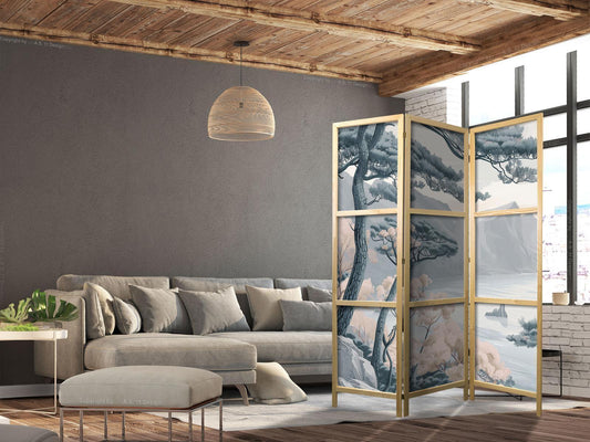 Japanischer Paravent - Mountainous Coastline with Trees and Rocks in Light Pastel Blues