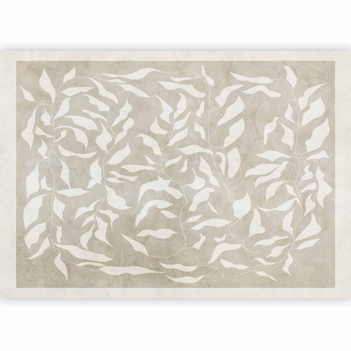Fototapete - White leaves - abstract plant motif on beige background with frame