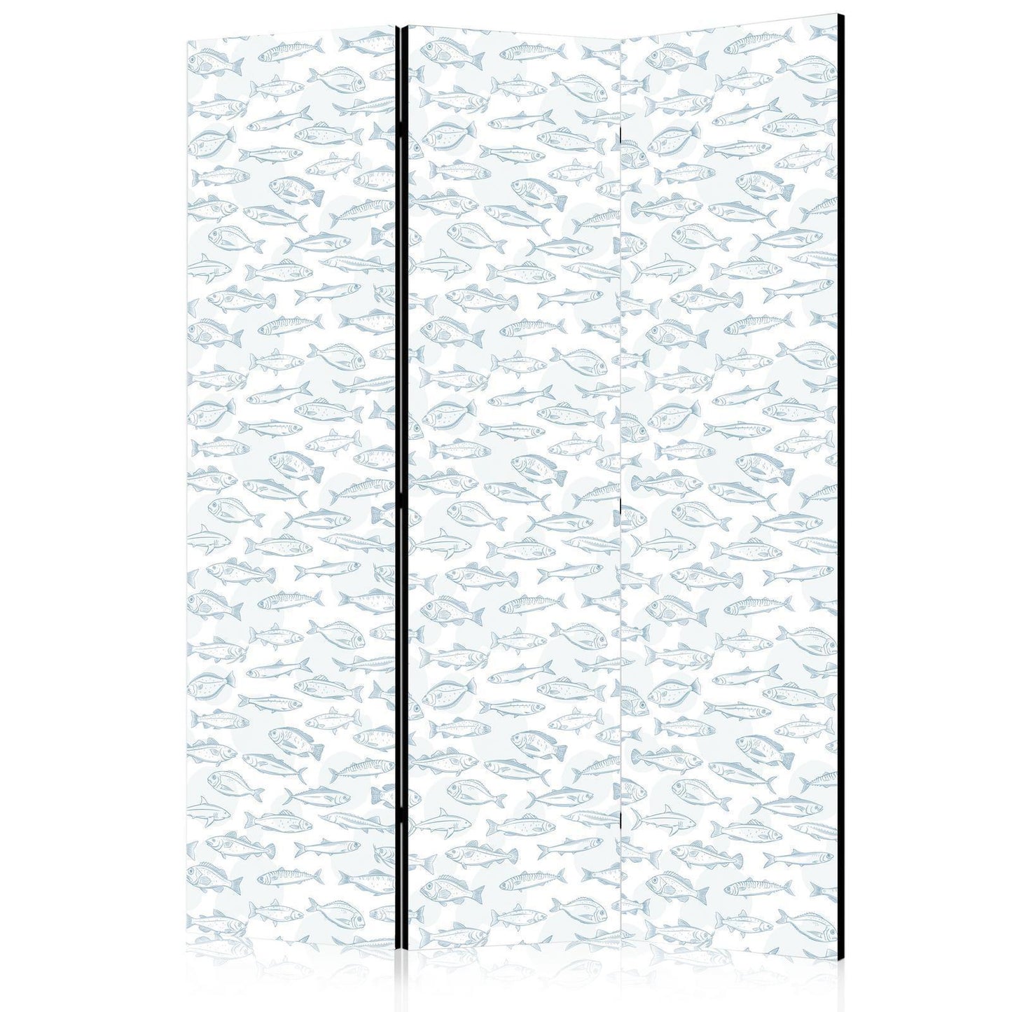 Paravent - Blue Fish - Blue Outlines of Various Species of Fish on a White-Blue Background Artgeist