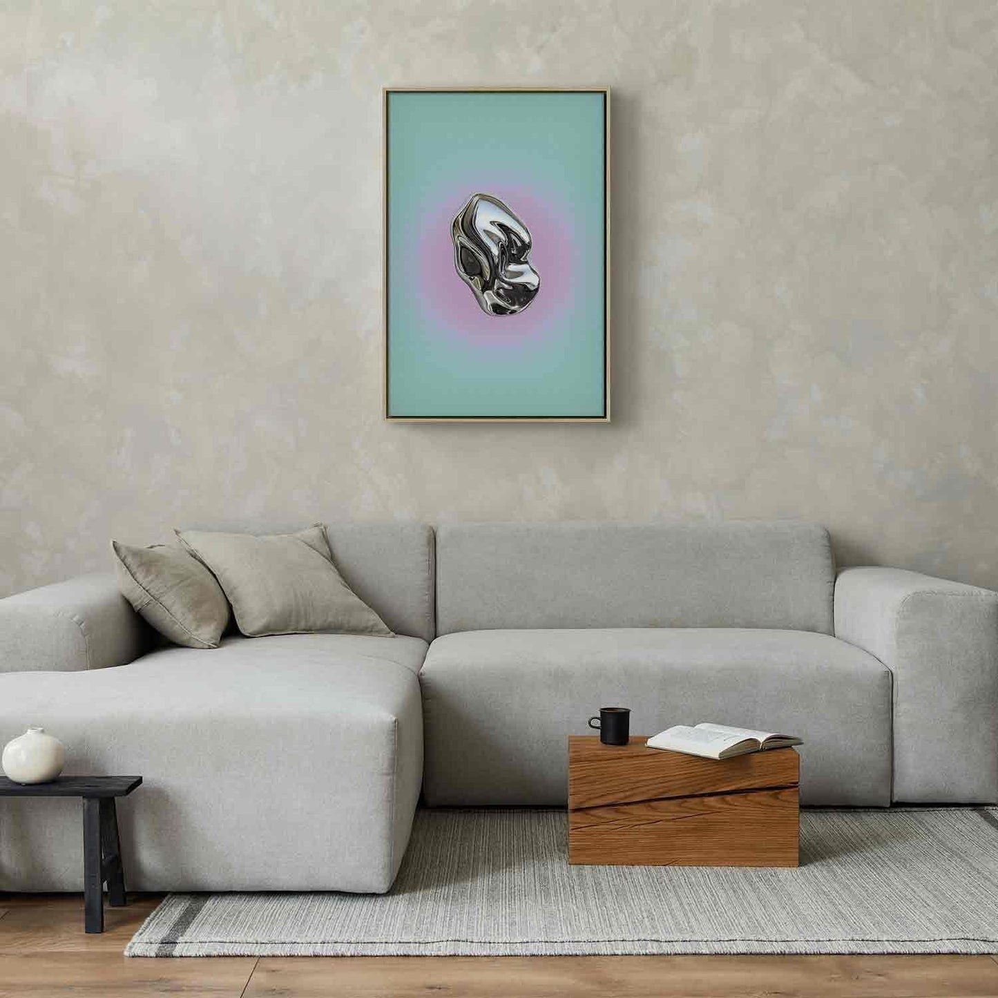 Leinwandbild - Metallic Form - Abstract Sculpture on a Mint Background with a Purple Halo Artgeist