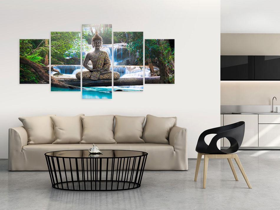 Wandbild Buddha und Wasserfall – 5-teiliges Acrylglasbild im Wald
