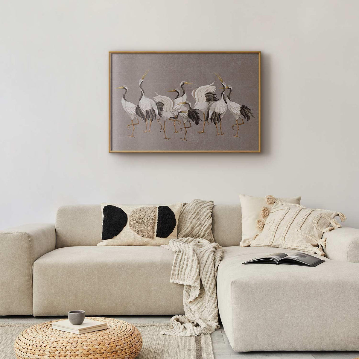 Poster - Crane Dance - light bird silhouettes on a warm-gray textured background