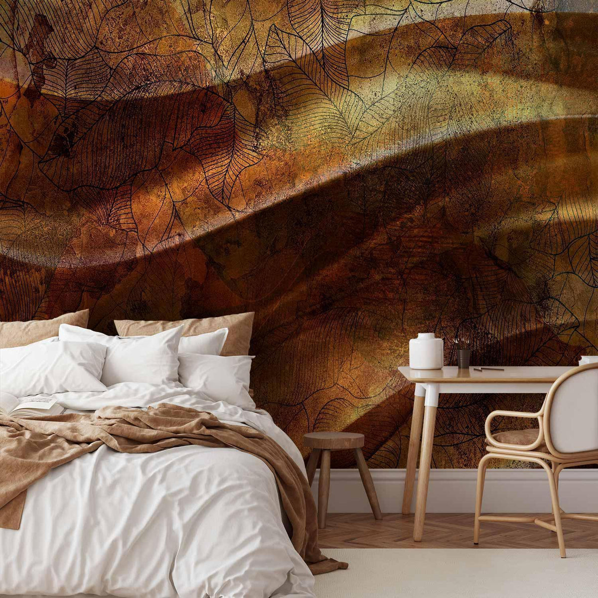 Fototapete - Liquid gold - abstract wavy composition with leaf patterns