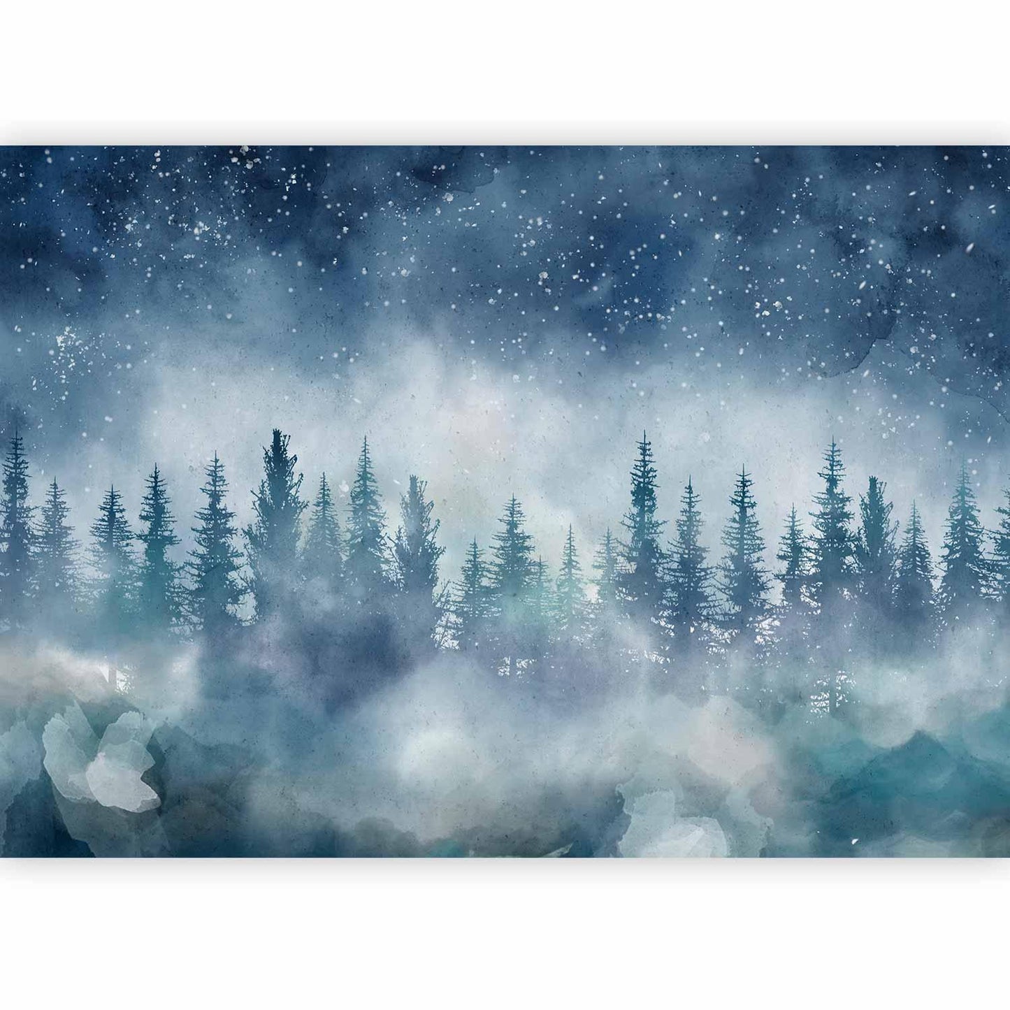 Fototapete - Nachtlandschaft - eines nebligen Waldes mit Sternenhimmel Artgeist
