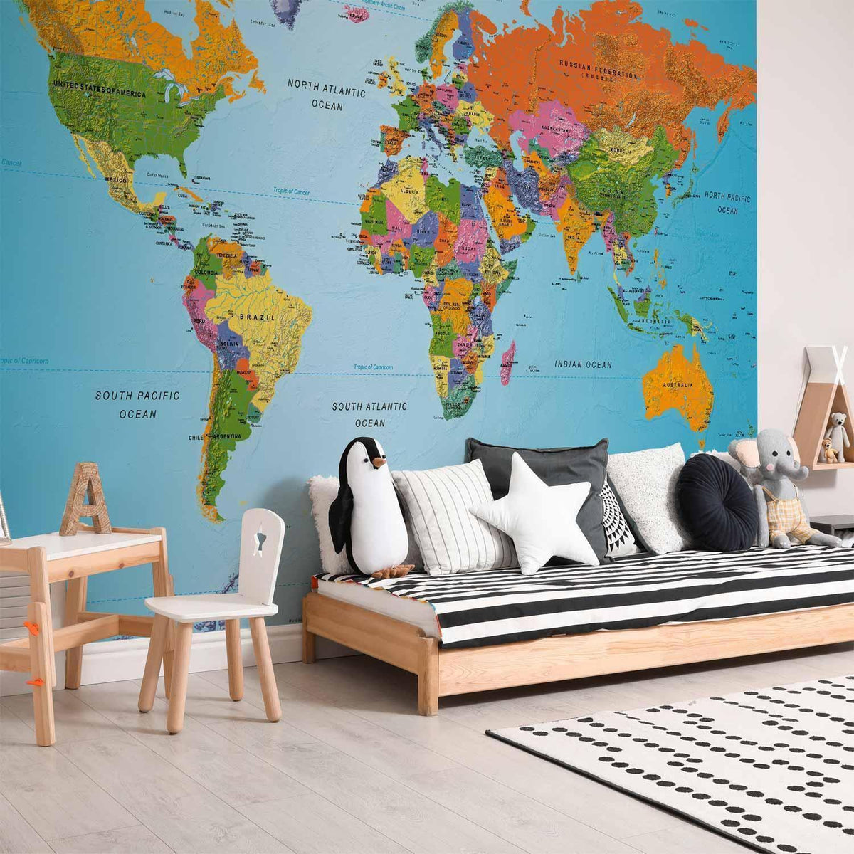 Fototapete Weltkarte Bunt - Moderne Geografie mit Kontinenten und Ozeanen