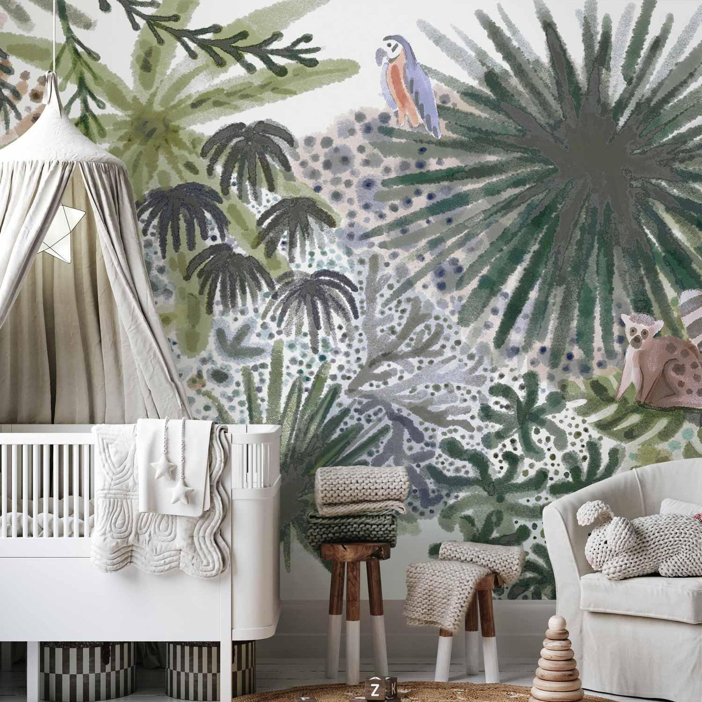 Fototapete - Flora von Madagaskar - Tropische Landschaft mit exotischen Aquarell-Tieren