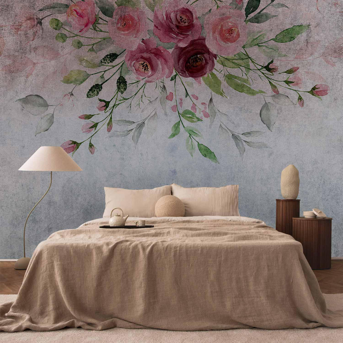 Fototapete - Summer bloom - plant motif with flowers and leaves in pink tones