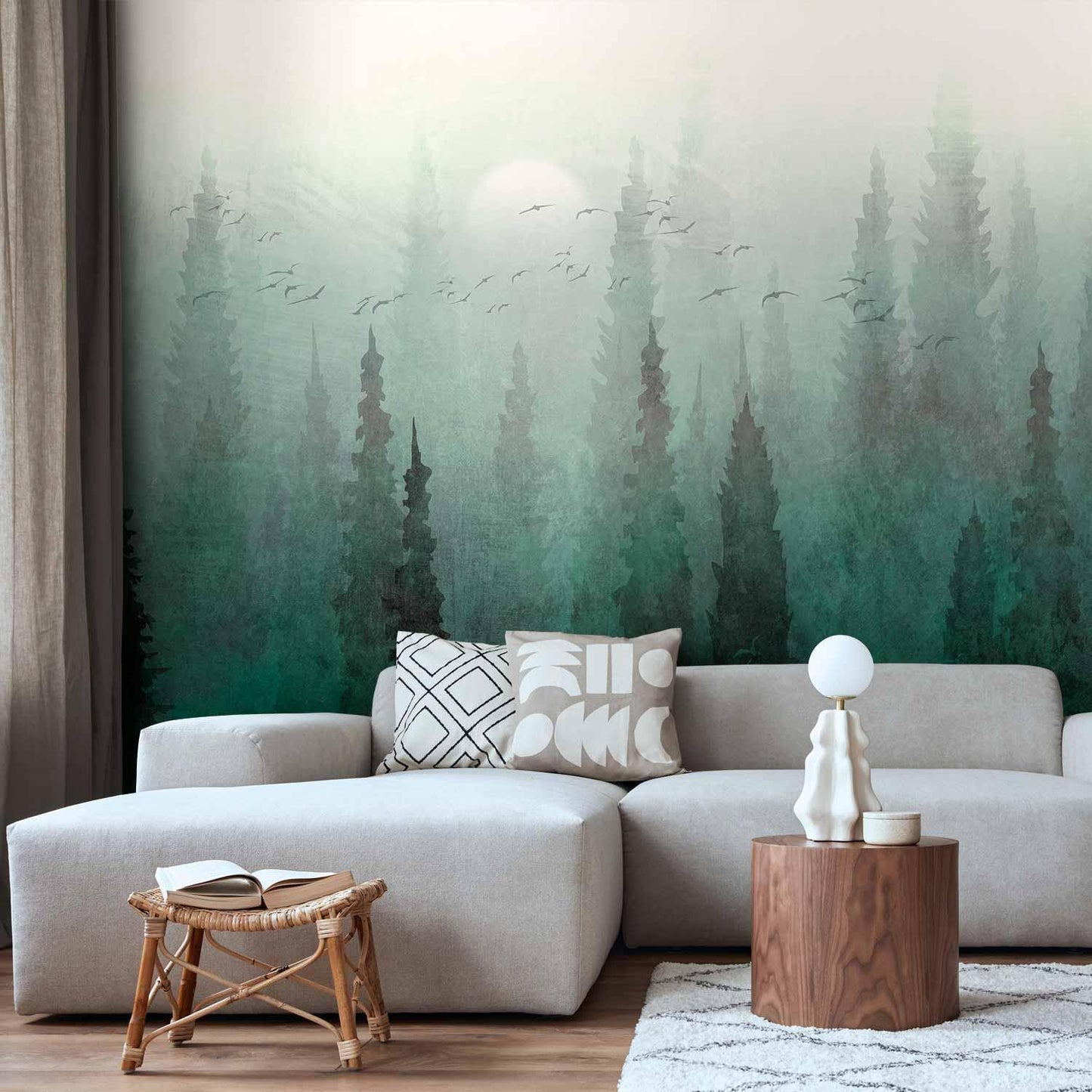Fototapete - Bird's eye perspective - landscape of a green forest with trees in the mist Artgeist
