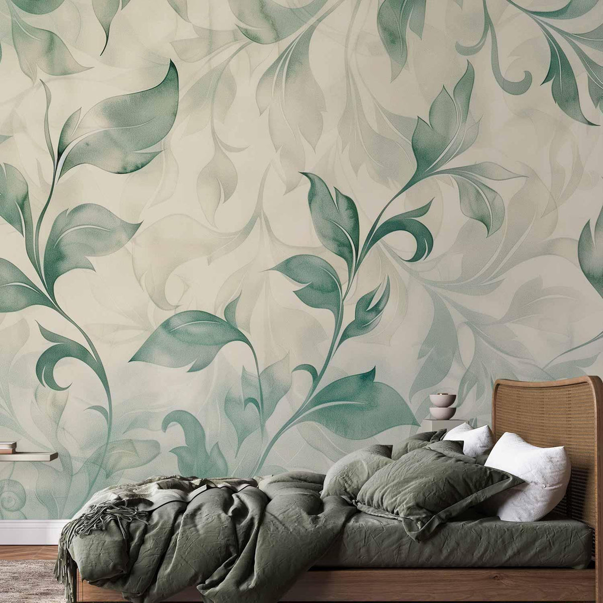Fototapete - Watercolor Botanical Motif Delicate Green-Beige Leaves