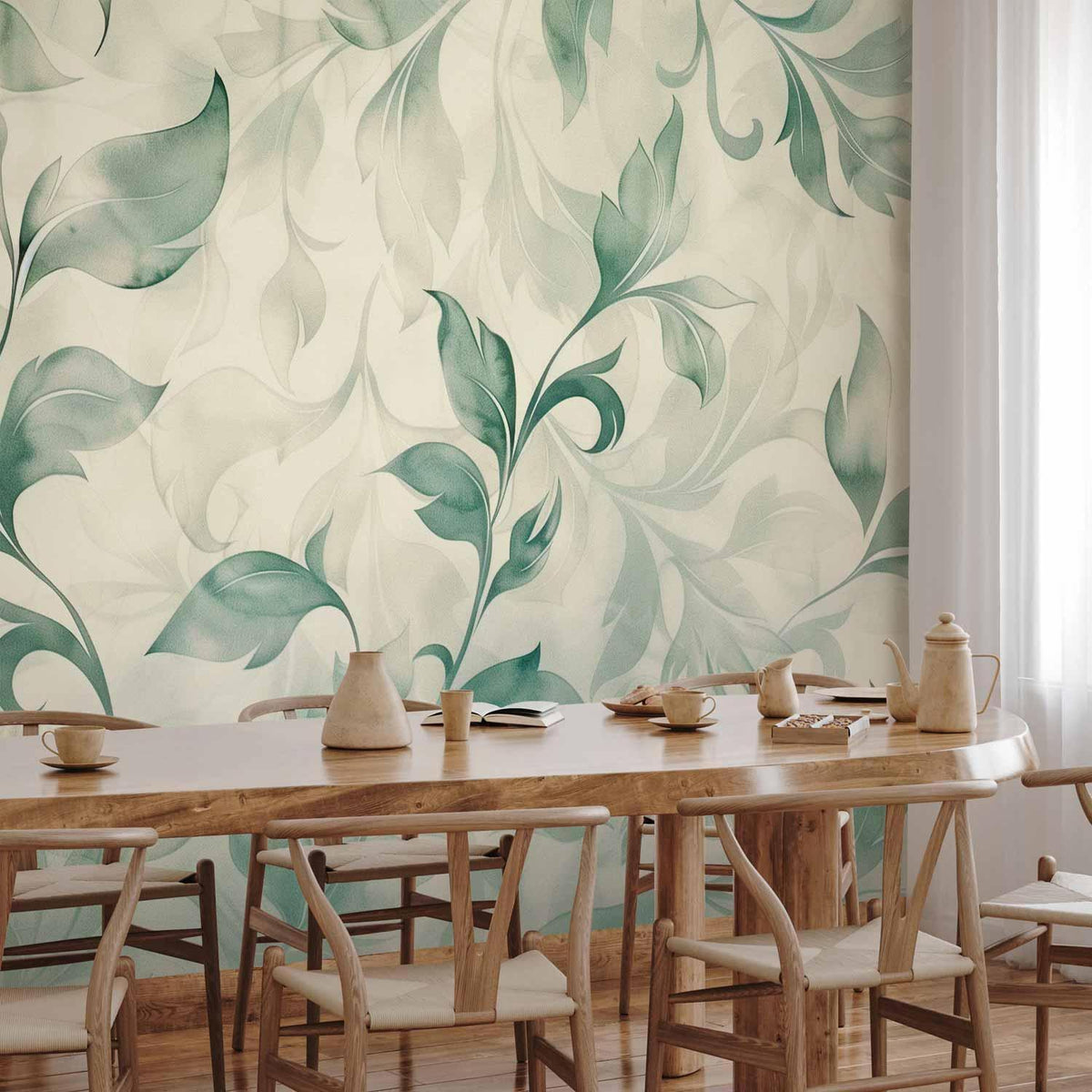 Fototapete - Watercolor Botanical Motif Delicate Green-Beige Leaves