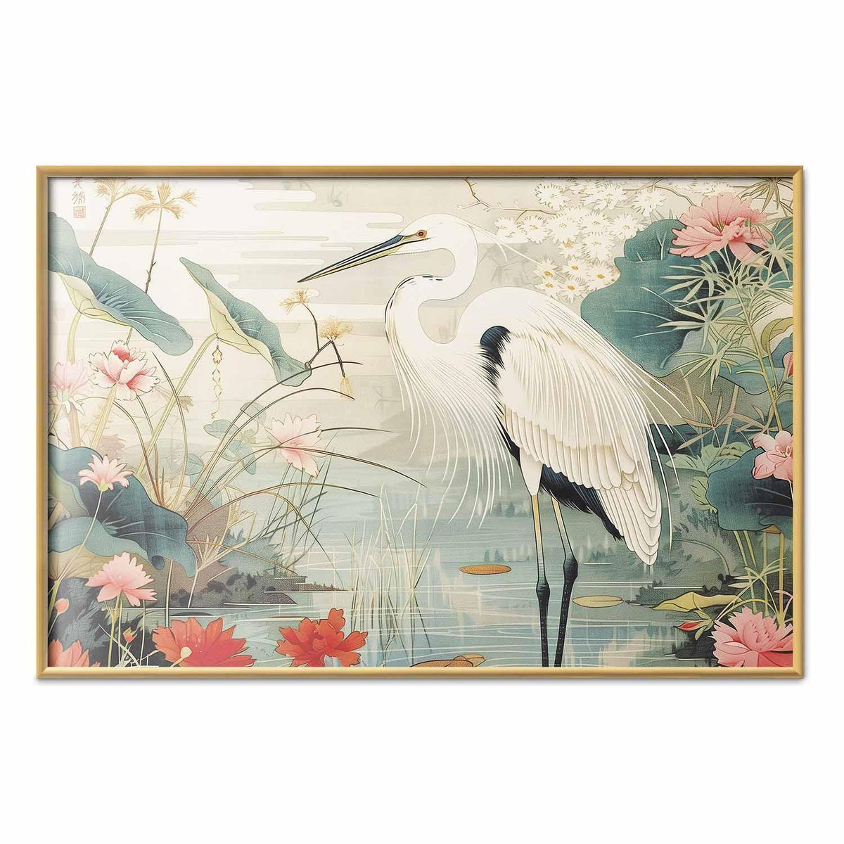 Poster - Over the Asian Pond - illustration in the Japanese print style featuring a heron