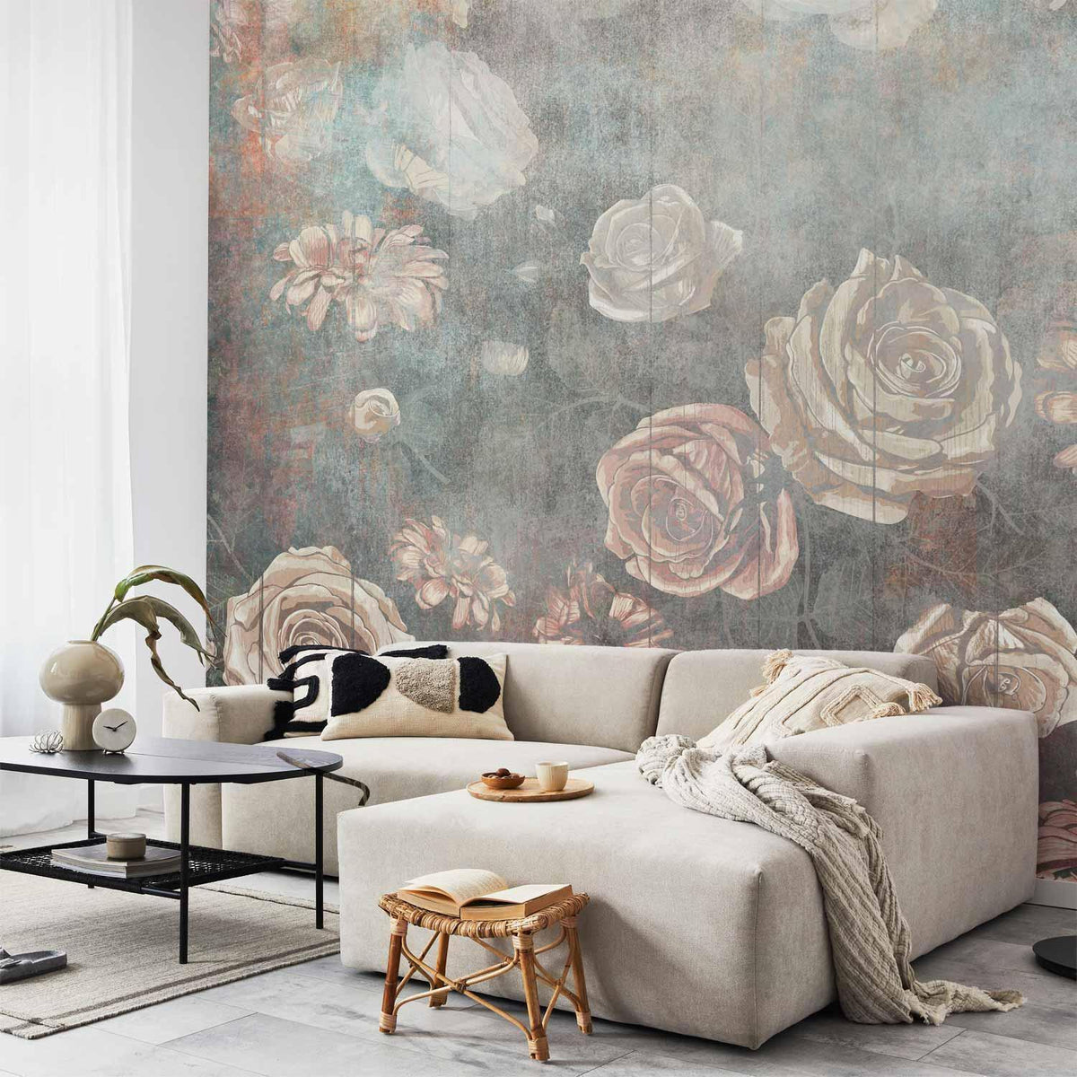 Fototapete - Misty nature - muted rose flowers on a background in grey tones