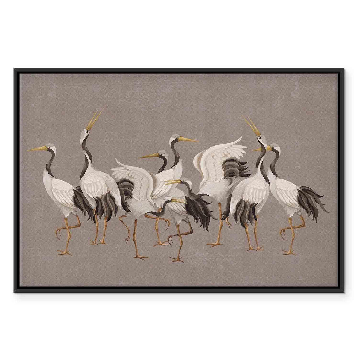 Leinwandbild - Crane dance – bright silhouettes of birds against a warm grey background with texture