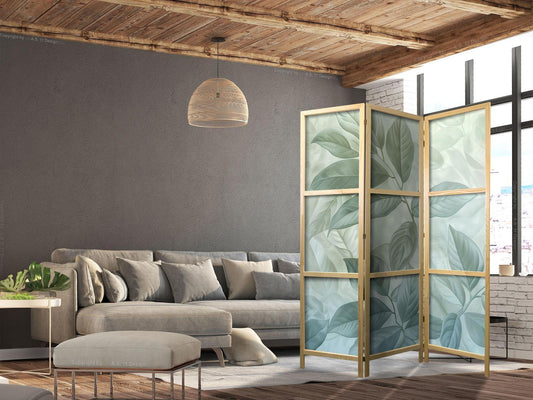 Japanischer Paravent - Large Leaves in Green-Mint Shades - Botanical Motif