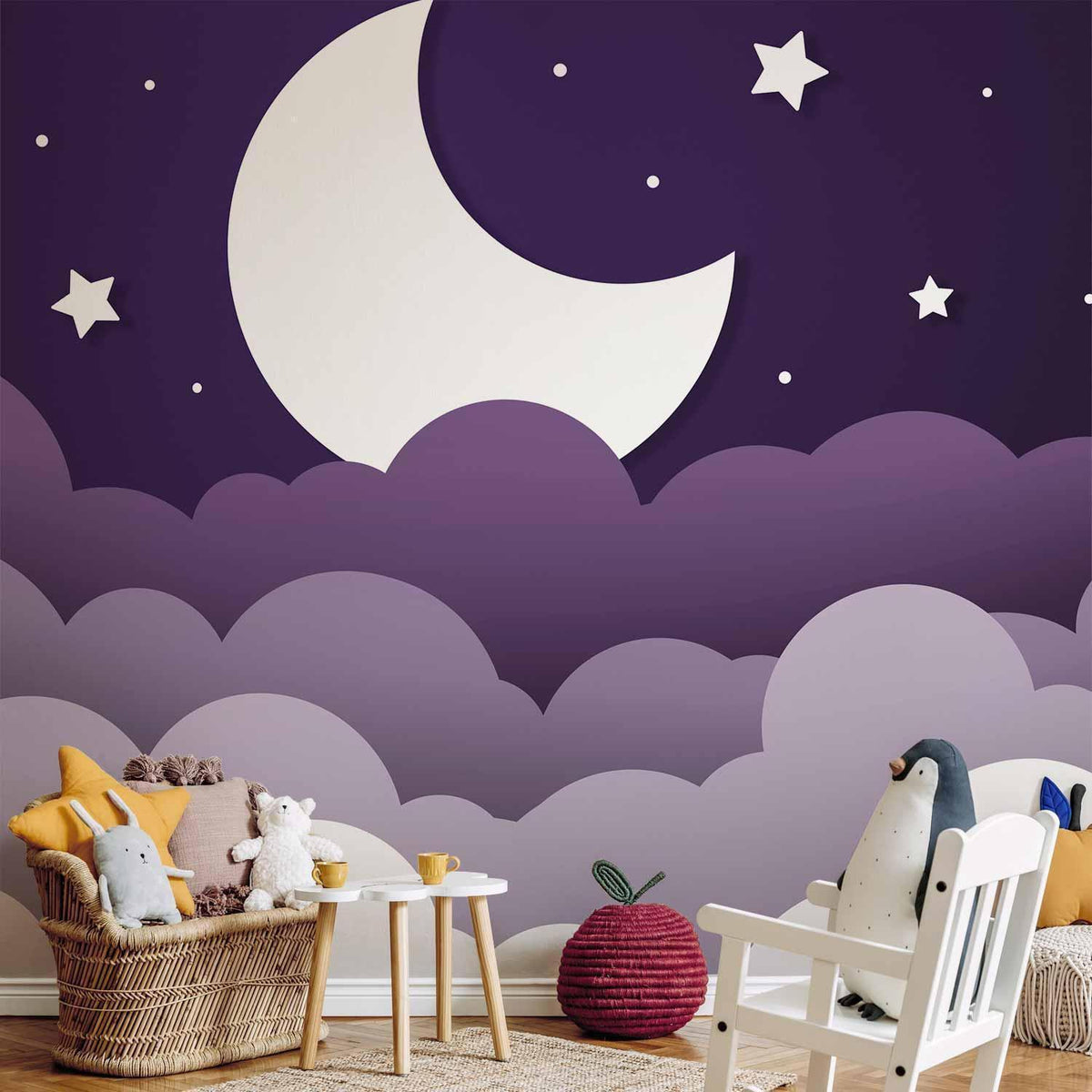 Fototapete - Moon dream - clouds in a purple sky with stars for children
