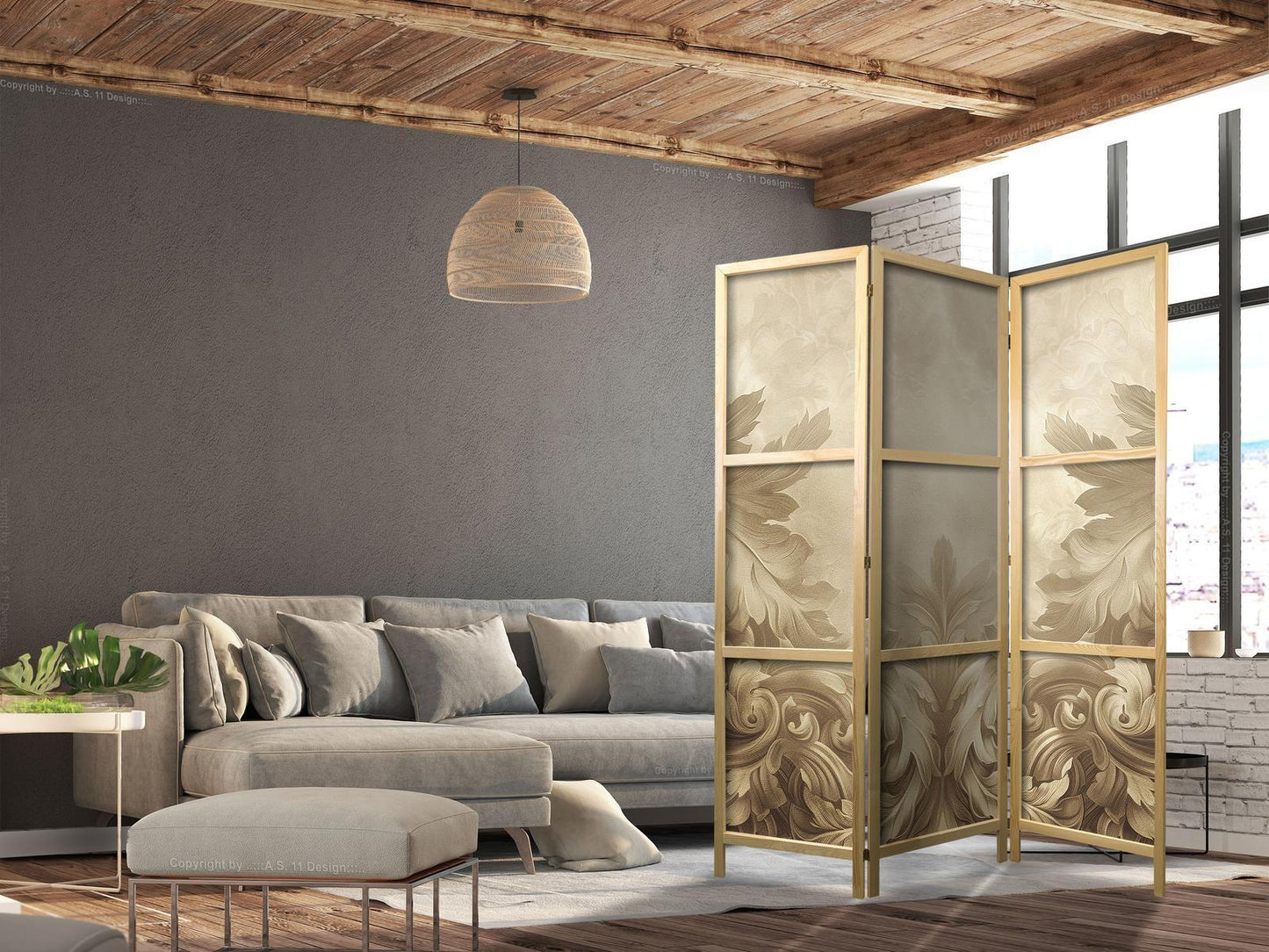 Japanischer Paravent - Stone Baroque Ornaments in Light Shades of Gray-Blue Artgeist