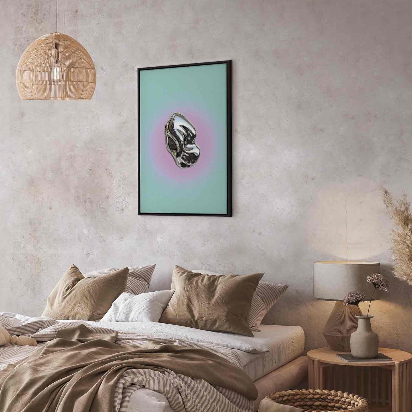 Leinwandbild - Metallic Form - Abstract Sculpture on a Mint Background with a Purple Halo Artgeist
