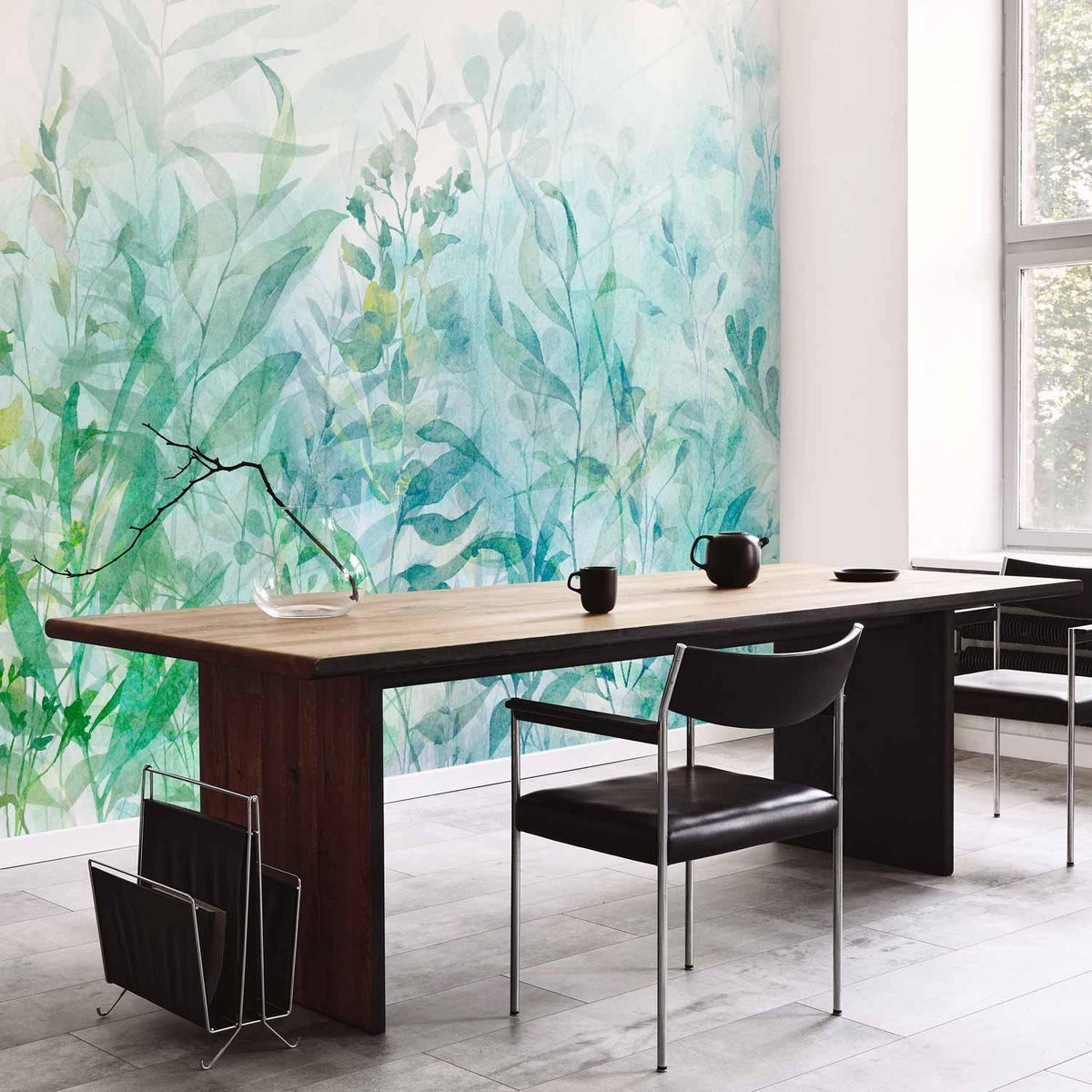 Fototapete Aquarell Blätter – Sanfte Pflanzenkomposition in Grün und Türkis