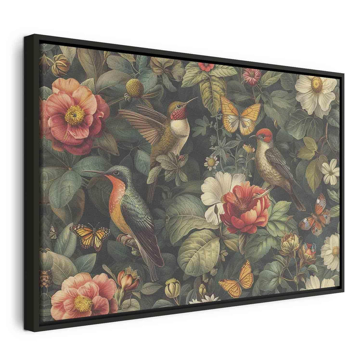Leinwandbild - Flowers, birds and butterflies – vintage-style illustration