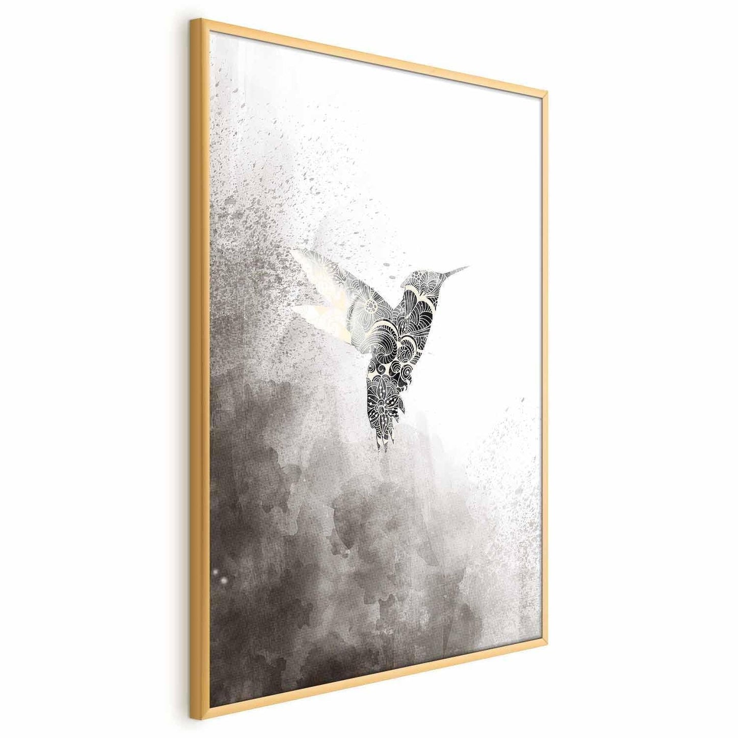 Poster featuring ethnic hummingbird design in a gold frame.