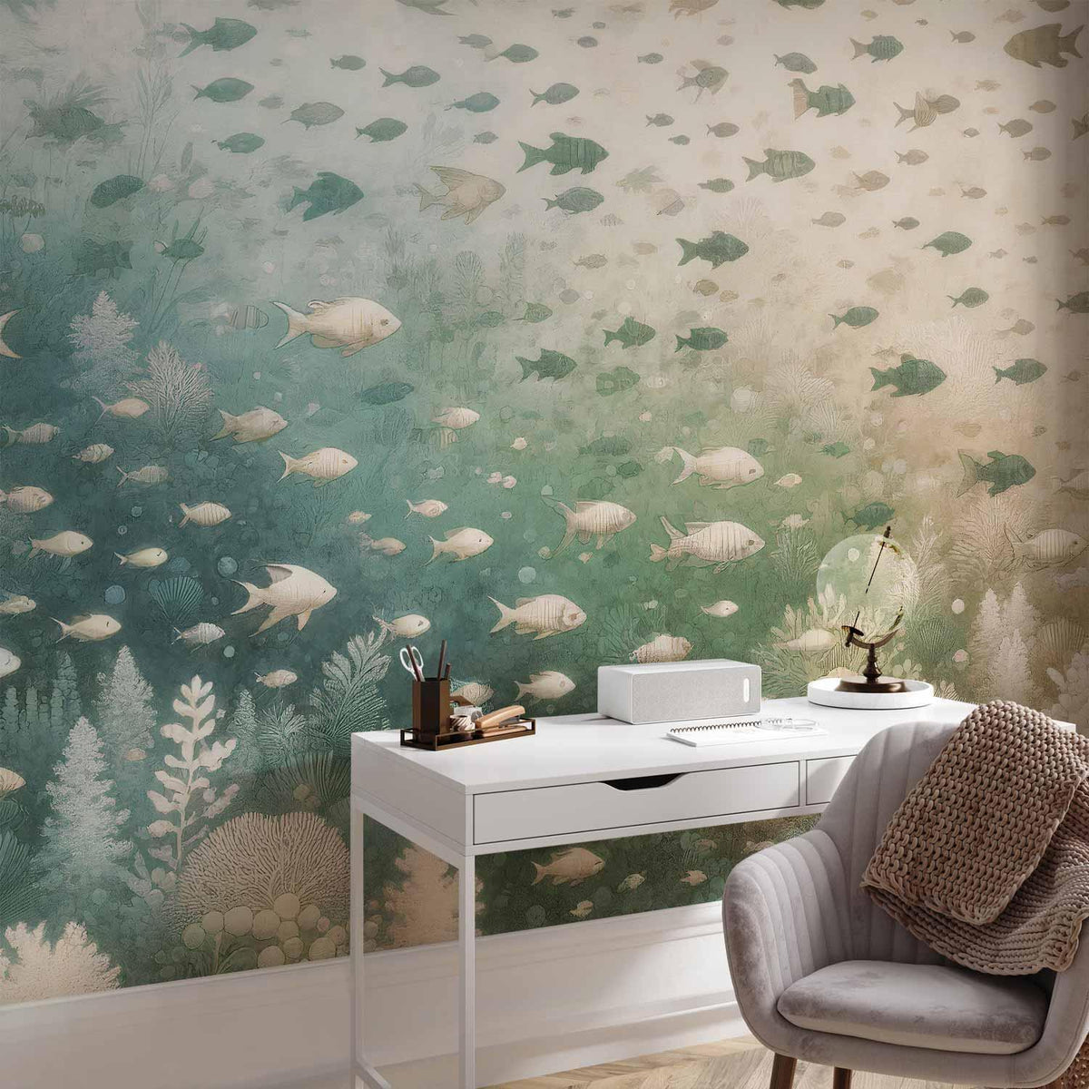 Fototapete Korallenriff – Fische und Meerespflanzen in Mintgrün